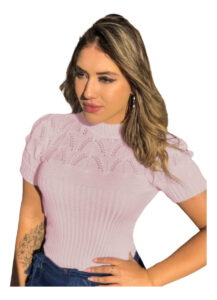 Blusa Tricot Manga Curta Gola Alta [F081]