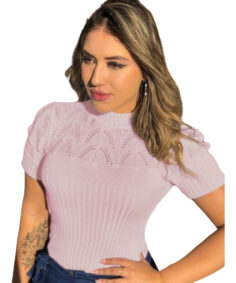 Blusa Tricot Manga Curta Gola Alta [F081]