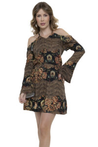 Vestido Curto Mangas Flare Estampado Curto [F081]