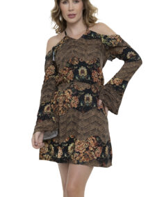 Vestido Curto Mangas Flare Estampado Curto [F081]